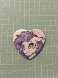Size: 961x1280 | Tagged: safe, artist:jjsh, derpibooru import, oc, oc:djkaskan, unofficial characters only, earth pony, pony, craft, earth pony oc, female, handmade, heart, heart pin, image, irl, jpeg, looking at you, mare, merchandise, photo, pin, smiling, smiling at you, solo