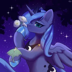 Size: 1500x1500 | Tagged: safe, alternate version, artist:alunedoodle, derpibooru import, princess luna, alicorn, firefly (insect), insect, moth, pony, g4, crown, female, flower, image, jewelry, luna moth, mare, moonflower, night, outdoors, peytral, png, regalia, s1 luna, smiling, solo, stars, wings