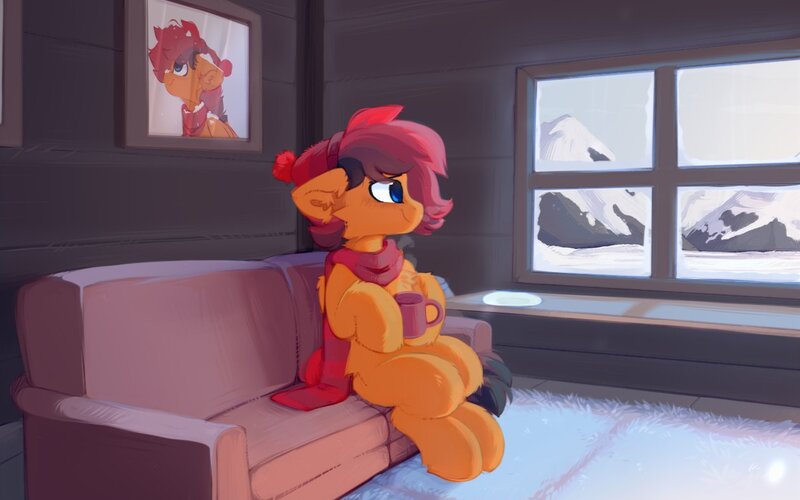 Size: 1260x787 | Tagged: safe, artist:little-sketches, ponerpics import, oc, unofficial characters only, earth pony, pony, cheek fluff, chest fluff, clothes, couch, day, ear fluff, earth pony oc, female, fluffy, happy, hat, image, indoors, jpeg, mare, mountain, mug, picture frame, relaxing, rug, scarf, sitting, smiling, snow, snowfall, steam, window, window sill, winter