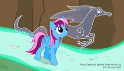 Size: 11200x6400 | Tagged: safe, artist:parclytaxel, derpibooru import, oc, oc:parcly taxel, oc:spindle, unofficial characters only, alicorn, pony, windigo, ain't never had friends like us, albumin flask, parcly taxel in japan, .svg available, absurd resolution, alicorn oc, duo, female, floating, holiday, horn, image, japan, mare, mount fuji, parcly's travel covers, png, smiling, vector, windigo oc, wings