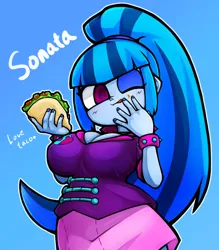 Size: 1157x1323 | Tagged: safe, artist:kyouman1010, derpibooru import, sonata dusk, human, equestria girls, g4, 2d, bangs, blue eyeshadow, breasts, busty sonata dusk, cleavage, clothes, disguise, disguised siren, eyeshadow, female, fingernails, food, image, jpeg, makeup, nail polish, nails, one eye closed, ponytail, simple background, skirt, smiling, solo, sonataco, taco, that siren sure does love tacos, vest, wrist cuffs