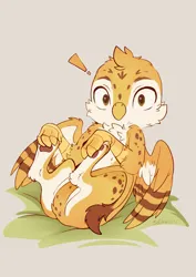 Size: 1810x2560 | Tagged: safe, artist:sofiko-ko, derpibooru import, oc, oc:beaky, unofficial characters only, gryphon, fanfic:yellow feathers, chick, chickub, cozy, cub, cute, exclamation point, griffon oc, high res, image, jpeg, paw pads, paws, simple background, young