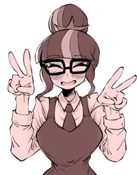 Size: 1500x1916 | Tagged: safe, artist:yodaka, derpibooru import, sci-twi, twilight sparkle, human, equestria girls, g4, big breasts, breasts, clothes, collared shirt, glasses, image, long sleeves, looking at you, monochrome, necktie, open mouth, peace sign, png, shirt, simple background, solo, upper body, vest, white background, white shirt