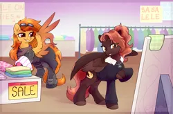 Size: 2400x1580 | Tagged: safe, artist:sekuponi, derpibooru import, oc, oc:kometka, oc:pumpkin spice, unofficial characters only, pegasus, clothes, clothes rack, coat, commissioner:sfaccountant, duo, duo female, fashion, female, goggles, goggles on head, image, jacket, leather, leather jacket, mirror, pegasus oc, png, sign, store, wing hands, wings