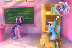 Size: 2400x1600 | Tagged: safe, artist:darksly, derpibooru import, rainbow dash, twilight sparkle, twilight sparkle (alicorn), alicorn, pegasus, pony, g4, bedroom eyes, blushing, butt, chalk, chalkboard, classroom, commission, daydream, desk, duo, duo female, female, frog (hoof), hoofbutt, image, indoors, jpeg, lesbian, levitation, magic, mare, plot, shipping, sitting, smiling, spread wings, telekinesis, thought bubble, twibutt, twidash, underhoof, wings