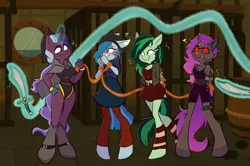 Size: 4000x2660 | Tagged: safe, artist:_cloudyskyy_, artist:cloudyskyy, derpibooru import, changeling queen oc, oc, oc:black kraken pearl, oc:eden shallowleaf, oc:queen taislyis, oc:seafoam mathilde, unofficial characters only, anthro, changeling, changeling queen, earth pony, pegasus, unguligrade anthro, unicorn, bipedal, blushing, boat, bondage, bound, bound wings, bound wrists, brig, clothes, commissioner:supermark, cutlass, damsel in distress, earth pony oc, female, hat, horn, horn ring, i can't believe it's not rainbowdash69, image, indoors, iron bars, jail cell, jewelry, levitation, magic, pegasus oc, pirate, pirate hat, png, prisoner, ring, rope, rope bondage, ship, standing, sword, telekinesis, this will end in jail time, this will end in slavery, tied up, unicorn oc, varying degrees of want, vehicle, walking, weapon, wings