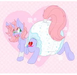 Size: 1947x1893 | Tagged: suggestive, artist:jupiters, derpibooru import, oc, oc:collison, unofficial characters only, pony, unicorn, air pushed out of diaper, band-aid on nose, bandage, bandaid, diaper, diaper fetish, eye clipping through hair, fetish, green eyes, heart, horn, image, looking at you, looking back, looking back at you, male, male oc, non-baby in diaper, pacifier, png, poofy diaper, rear view, solo, stallion, stallion oc, tail, tail wrap, unicorn oc