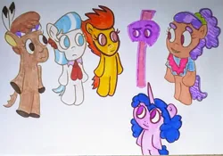 Size: 1959x1369 | Tagged: safe, artist:dex stewart, derpibooru import, coco pommel, izzy moonbow, little strongheart, plaid stripes, spitfire, earth pony, pegasus, pony, semi-anthro, unicorn, g4, g5, horn, image, jpeg, simple background, traditional art