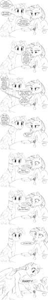Size: 1320x8160 | Tagged: safe, artist:silfoe, manebooru import, rarity, twilight sparkle, twilight sparkle (alicorn), alicorn, pony, unicorn, royal sketchbook, comic, dialogue, duo, faint, female, grayscale, image, implied lesbian, implied rarilestia, implied shipping, jpeg, mare, marshmelodrama, melodramatic, monochrome, rarity being rarity, simple background, speech bubble, sudden realization, white background