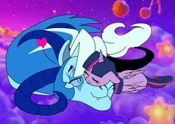 Size: 1414x1000 | Tagged: safe, artist:zetikoopa, derpibooru import, twilight sparkle, twilight sparkle (alicorn), oc, oc:loki, alicorn, draconequus, pony, g4, female, image, male, mare, png, shadow milk cookie, sleeping, smiling