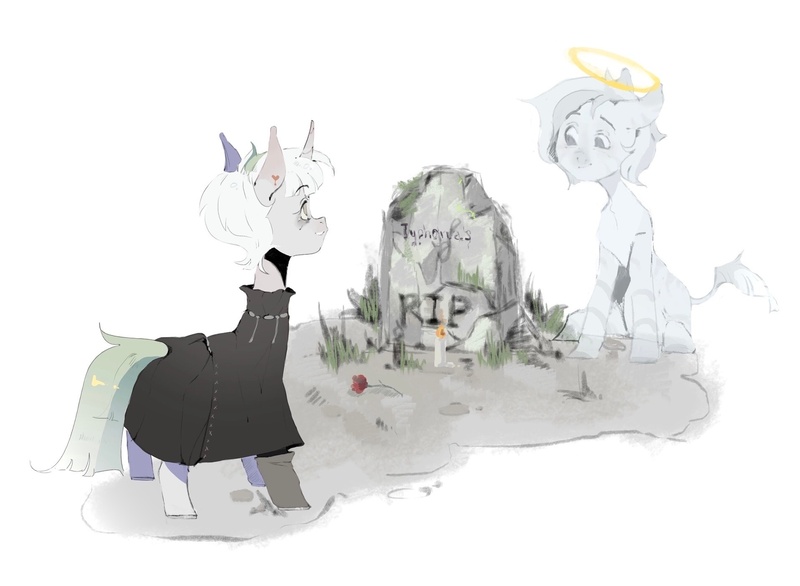 Size: 1915x1403 | Tagged: safe, artist:north wind, derpibooru import, oc, oc:little stick, oc:τυφώνας, unofficial characters only, ghost, pony, undead, unicorn, zebra, fallout equestria, bags under eyes, candle, clothes, coat, curved horn, duo, female, friends, grave, gravestone, halo, horn, image, jpeg, male, mare, simple background, sitting, smiling, stallion, standing, white background, white mane