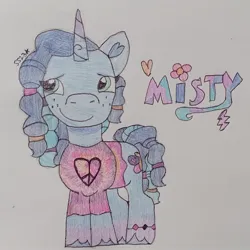 Size: 2333x2333 | Tagged: safe, artist:starrscout-23, derpibooru import, part of a set, misty brightdawn, pony, unicorn, g5, 60s, beads, bracelet, clothes, coat marking, dreadlocks, female, horn, image, jewelry, jpeg, looking sideways, mare, peace symbol, shirt, smiling, socks (coat marking), solo, tie dye, traditional art, unshorn fetlocks