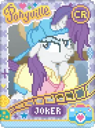 Size: 690x930 | Tagged: safe, artist:jaye, derpibooru import, rarity, pony, unicorn, friendship university, g4, alternate hairstyle, balatro, card, digital art, disguise, horn, image, joker, kayou, my little pony, pixel art, plainity, png, solo