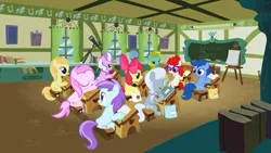 Size: 1280x720 | Tagged: safe, derpibooru import, screencap, apple bloom, diamond tiara, liza doolots, noi, petunia, piña colada, scootablue, silver spoon, sun glimmer, tootsie flute, twist, call of the cutie, g4, season 1, archer (g4), book, desk, image, indoors, my little pony, png, ponyville schoolhouse, school, sitting, telescope