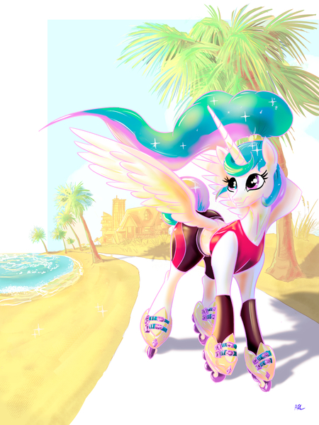Size: 1188x1584 | Tagged: safe, artist:lytlethelemur, derpibooru import, princess celestia, alicorn, pony, g4, image, jpeg, roller skates, rollerblades, skates, solo