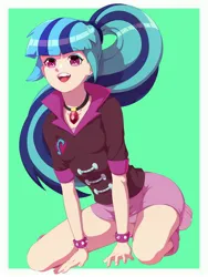 Size: 3000x4000 | Tagged: safe, artist:rockset, manebooru import, sonata dusk, human, equestria girls, g4, female, image, jpeg, leaning forward, ponytail, rainbow rocks outfit, simple background, sitting, solo