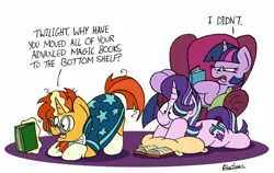 Size: 1024x649 | Tagged: safe, artist:bobthedalek, manebooru import, starlight glimmer, sunburst, twilight sparkle, twilight sparkle (alicorn), alicorn, pony, unicorn, g4, absurd resolution, book, butt, chair, enjoying the view, eyes on the prize, face down ass up, female, glowing horn, horn, image, jpeg, magic, male, mare, pervert, pillow, plot, reading, shipping, signature, simple background, smiling, stallion, starburst, straight, telekinesis, trio, twilight is not amused, unamused, unaware, voyeurism, white background