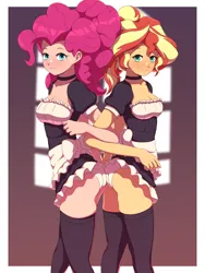Size: 1200x1600 | Tagged: suggestive, artist:rockset, manebooru import, pinkie pie, sunset shimmer, human, equestria girls, g4, clothes, image, maid, panties, panty shot, png, socks, stockings, thigh highs, underwear, white underwear