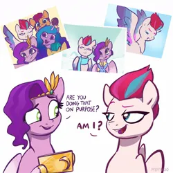 Size: 1200x1200 | Tagged: safe, artist:pfeffaroo, manebooru import, izzy moonbow, pipp petals, sunny starscout, zipp storm, earth pony, pegasus, pony, unicorn, g5, coat marking, dialogue, gradient hair, image, jpeg, mobile phone, phone, photo, pipp wings, socks (coat marking), text, unshorn fetlocks