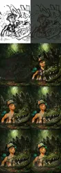 Size: 1280x3615 | Tagged: safe, artist:assasinmonkey, manebooru import, hitch trailblazer, cragadile, crocodile, earth pony, pony, g5, my little pony: a new generation, blaze (coat marking), clothes, coat marking, colored eyebrows, colored hooves, digital painting, hat, hooves, image, jpeg, looking at you, male, open mouth, pith helmet, process, signature, sketch, smiling, smirk, socks (coat marking), stallion, unshorn fetlocks, wip