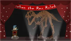 Size: 3600x2085 | Tagged: safe, artist:snapshot1994, manebooru import, petunia paleo, dinosaur, tyrannosaurus rex, equestria girls, adult, bone, character:petunia paleo, curtains, equestria girls-ified, image, lectern, lecture, light, older, older petunia paleo, paleontologist, paleontology, png, skeleton, solo, species swap, stage