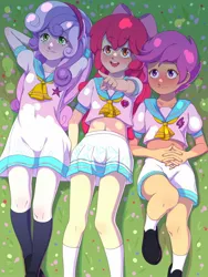 Size: 1200x1600 | Tagged: safe, artist:rockset, manebooru import, apple bloom, scootaloo, sweetie belle, human, g4, apple bloom's bow, apple family member, blushing, bow, clothes, cutie mark crusaders, dress, explicit source, eyebrows, eyebrows visible through hair, eyelashes, female, females only, hair bow, hairband, humanized, image, jpeg, lying down, neckerchief, open mouth, pointing, shirt, shoes, skirt, socks, species swap, trio, trio female