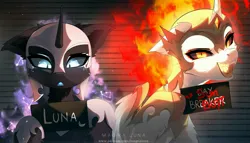 Size: 4096x2348 | Tagged: safe, artist:magnaluna, manebooru import, daybreaker, nightmare moon, princess celestia, princess luna, alicorn, pony, g4, barbie, barbie (film), barbie mugshot meme, cute, duo, duo female, ethereal mane, female, fire, floppy ears, galaxy mane, high res, image, jpeg, looking at you, mane of fire, mare, meme, moonabetes, mugshot, name, open mouth, open smile, sharp teeth, siblings, signature, sisters, smiling, smiling at you, teeth