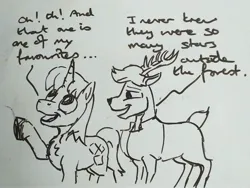 Size: 3264x2448 | Tagged: safe, artist:hoofclid, manebooru import, braeburn, oc, oc:hoofclid, deer, pony, unicorn, series:noodleverse, g4, alternate universe, apple family member, clothes, deerified, dialogue, gay, image, jacket, jpeg, male, manebooru original, monochrome, shipping, smiling, species swap, stag, stallion, stargazing, unicorn oc, whiteboard