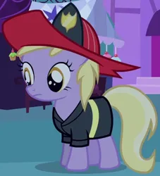 Size: 443x487 | Tagged: safe, derpibooru import, screencap, dinky hooves, pony, unicorn, g4, luna eclipsed, season 2, background pony, closed mouth, clothes, costume, cropped, cute, dinkabetes, dinky hooves is not amused, female, filly, firefighter, firefighter dinky hooves, firefighter helmet, foal, frown, halloween, halloween costume, helmet, holiday, horn, image, jacket, market, my little pony, night, nightmare night, nightmare night costume, outdoors, png, ponyville, ponyville market, shadow, solo, solo focus, unamused