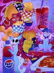 Size: 1492x1985 | Tagged: safe, artist:ayyolilikoi, derpibooru import, oc, oc:flawless sparklemoon, oc:marionette lulamoon, unofficial characters only, earth pony, pony, unicorn, ..., bipedal, bottle, bowtie, burrito, cheese, chest fluff, cinnabon delights, drink, duo, duo female, eye clipping through hair, female, food, french fries, fusion, fusion:trixie, fusion:twilight sparkle, fusion:twixie, giant food, gradient background, horn, hot sauce, image, mare, mask, mexican pizza, nacho cheese, nacho fries, pepsi, png, quesadilla, sauce, soda, soda bottle, swirly eyes, taco, taco bell