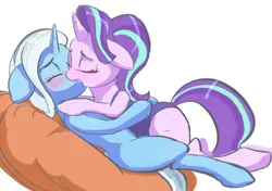 Size: 2560x1800 | Tagged: suggestive, artist:iliensu, artist:raikoh, derpibooru import, starlight glimmer, trixie, pony, unicorn, g4, clothed female nude female, clothes, female, horn, image, jpeg, kiss on the lips, kissing, leotard, lesbian, magician outfit, mare, nudity, one-piece swimsuit, shipping, simple background, startrix, swimsuit, white background