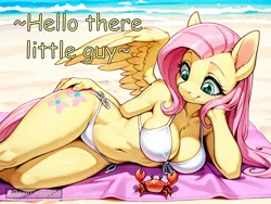 Size: 960x720 | Tagged: safe, ai content, derpibooru import, editor:dordrago, part of a set, prompter:dordrago, fluttershy, anthro, crab, pegasus, series:mane 6 beach vacation, g4, ai composition, beach, beach towel, beautiful, beautisexy, belly, belly button, bikini, breasts, busty fluttershy, cleavage, clothes, dialogue, female, image, jpeg, lying down, ocean, sand, sexy, side, smiling, solo, string bikini, stupid sexy fluttershy, swimsuit, towel, water, white bikini, wings