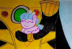 Size: 1881x1295 | Tagged: safe, artist:dex stewart, derpibooru import, cozy glow, earth pony, pony, g4, image, jpeg, power rangers, power rangers operation overdrive, race swap, sentinel knight, sleeping, traditional art, wingless