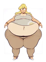 Size: 1500x2000 | Tagged: suggestive, artist:secretgoombaman12345, derpibooru import, derpy hooves, human, g4, aderpose, belly, belly button, big belly, big breasts, blonde, blushing, bracelet, breasts, bubble butt, butt, chamomile, clothes, cross-eyed, derp, ear piercing, earring, eyelashes, fat, female, flower, high heels, huge belly, humanized, image, impossibly large belly, jewelry, looking at you, muffin top, obese, pants, piercing, png, shoes, simple background, smiling, smiling at you, solo, solo female, tan lines, tanktop, tanned, thighs, thunder thighs, tight clothing, watch, white background, wide hips