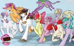 Size: 890x550 | Tagged: safe, artist:puppet-rhymes, derpibooru import, apple bloom, dinky hooves, pipsqueak, ruby pinch, scootaloo, spike, sweetie belle, twist, dragon, earth pony, pegasus, pony, unicorn, g4, 2012, adorabloom, alternate cutie mark, apple bloom's bow, aura (g4), aurabetes, bow, cute, cutealoo, diasweetes, dinkabetes, emanata, female, glasses, goggles, goggles on head, grin, group, hair bow, hair over one eye, horn, image, logo, male, mare, my little pony logo, older, older apple bloom, older aura, older dinky hooves, older pipsqueak, older ruby pinch, older scootaloo, older spike, older sweetie belle, older twist, one piece, parody, pinchybetes, pirate, pirate pipsqueak, png, pulling, raised hoof, raised leg, running, smiling, spikabetes, squeakabetes, stallion, sword, tail, tail pull, twistabetes, unshorn fetlocks, watch, weapon, wingless spike, worried