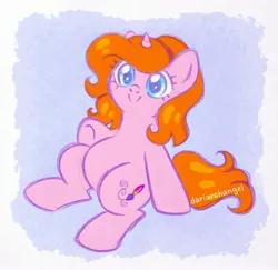 Size: 2560x2484 | Tagged: safe, artist:dariarchangel, derpibooru import, oc, oc:dazha, pony oc, unofficial characters only, pony, unicorn, g4, abstract background, adorable face, belly, big belly, blue eyes, c:, chubby, colored pencil drawing, cute, cute smile, cutie pie, dazhabetes, digitally colored, female, female oc, full body, ginger hair, ginger mane, hairband, horn, image, jpeg, mare, mare oc, ocbetes, orange hair, orange mane, orange tail, pencil drawing, pink coat, round belly, sitting, small horn, smiling, solo, tail, traditional art, underhoof, unicorn oc, weapons-grade cute