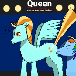 Size: 2048x2048 | Tagged: safe, artist:ruslan hydralisk, derpibooru import, lightning dust, rainbow dash, pegasus, pony, g4, ><, annoyed, biting, blue background, butt bite, confused, cutie mark, dark background, exclamation point, eyes closed, female, image, interrobang, lesbian, mare, png, pun, queen, question mark, rainbowdust, reference, shipping, simple background, song reference, spotlight, spread wings, wingboner, wings