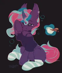 Size: 1716x2023 | Tagged: safe, artist:redcofu, derpibooru import, oc, oc:synthie glitch, unofficial characters only, bat pony, bat pony unicorn, hybrid, unicorn, bat pony unicorn oc, choker, clothes, coffee, coffee cup, cup, cute, cute little fangs, drink, ear piercing, ear tufts, earring, fangs, female, fluffy, horn, image, jewelry, levitation, lidded eyes, magic, morning ponies, multicolored mane, multicolored tail, one eye closed, piercing, png, shirt, sleepy, snaggletooth, socks, solo, striped socks, tail, telekinesis