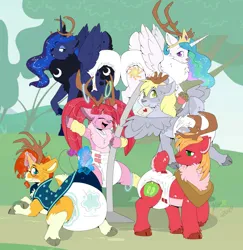 Size: 1988x2048 | Tagged: suggestive, artist:maynara, derpibooru import, big mcintosh, derpy hooves, molly, princess celestia, princess luna, sunburst, alicorn, deer, deer pony, earth pony, hybrid, original species, peryton, pony, reindeer, unicorn, g4, air pushed out of diaper, antlers, big macintosh's yoke, bipedal, butt, butt bump, cape, cheek fluff, chest fluff, clothes, cloven hooves, coat marking, crossed hooves, dancing, deerified, deerpy hooves, diaper, diaper butt, diaper fetish, eyes closed, female, fetish, food, glasses, glow, glow rings, glowing horn, gradient background, hoof fluff, hoof hold, horn, horse collar, image, jpeg, leg fluff, leg warmers, legwear, letter, looking at you, looking back, looking back at you, lying down, magic, male, mare, mouth hold, muffin, non-baby in diaper, open mouth, open smile, outdoors, pacifier, pale belly, plot, pole dancing, poofy diaper, prone, raised hoof, raised leg, rear view, reindeer antlers, reindeerified, sky, smiling, socks (coat marking), species swap, spread wings, stallion, stripper pole, tail, tail hole, telekinesis, unshorn fetlocks, wall of tags, wings