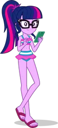 Size: 1810x4010 | Tagged: safe, alternate version, artist:dustinwatsongkx, derpibooru import, sci-twi, twilight sparkle, human, equestria girls, g4, 2d, alternate character, bangs, belly, belly button, bikini, bikini bottom, bikini top, clothes, female, frilled swimsuit, glasses, image, lyra heartstrings swimsuit, mobile phone, phone, png, ponytail, sandals, simple background, smartphone, solo, swimsuit, toes, transparent background