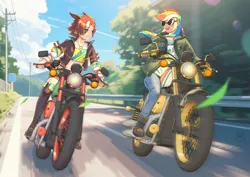 Size: 3508x2480 | Tagged: safe, artist:rg肥猫, derpibooru import, rainbow dash, human, g4, anime, crossover, duo, duo female, female, horse girl, humanized, image, jpeg, motorcycle, pixiv, uma musume pretty derby, vehicle, vodka (uma musume)