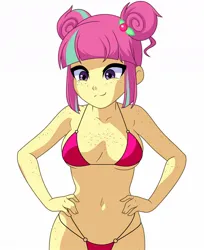 Size: 977x1200 | Tagged: suggestive, artist:rosemile mulberry, derpibooru import, sour sweet, human, equestria girls, g4, bangs, belly, belly button, bikini, bikini bottom, bikini top, breasts, busty sour sweet, cleavage, clothes, female, freckles, hair bun, hands on hip, image, jpeg, medium breasts, reasonably sized breasts, sexy, simple background, smiling, solo, solo female, stupid sexy sour sweet, swimsuit, teenage girls, teenage sour sweet, teenager, thin, underboob, white background, yellow body, yellow skin