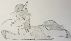 Size: 2048x1183 | Tagged: safe, artist:hoofclid, derpibooru import, oc, oc:hoofclid, unofficial characters only, pony, unicorn, blanket, eyes closed, grayscale, horn, image, jpeg, lying down, male, monochrome, open mouth, open smile, pencil drawing, prone, smiling, solo, sploot, stallion, traditional art, unshorn fetlocks, yawn