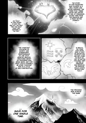 Size: 3024x4302 | Tagged: safe, artist:begoliah, derpibooru import, pegasus, unicorn, wendigo, comic:crusaders, black and white, cloud, comic, fire of friendship, grayscale, horn, image, jpeg, lore, monochrome, mountain, narration