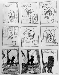 Size: 1596x2048 | Tagged: safe, artist:pony quarantine, derpibooru import, oc, oc:zombie mare, unofficial characters only, earth pony, pony, undead, zombie, zombie pony, series:pq funnies, comic, comic strip, dialogue, female, glass, grayscale, horses doing horse things, image, jpeg, mare, monochrome, offscreen character, pencil drawing, solo, traditional art