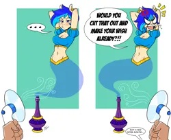 Size: 2650x2161 | Tagged: safe, artist:aeolus06, derpibooru import, oc, oc:monique, unofficial characters only, anthro, genie, 2 panel comic, arm behind head, belly, belly button, breasts, cleavage, comic, cross-popping veins, dancing, electric fan, emanata, fan, image, offscreen character, png, solo focus, swaying hips