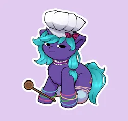 Size: 700x661 | Tagged: safe, artist:soup_ch, derpibooru import, oc, oc:lilac tart, pony, unicorn, bow, collar, female, hair bow, hair tie, horn, image, mare, png, simple background, suspicious face, unicorn oc, wooden spoon