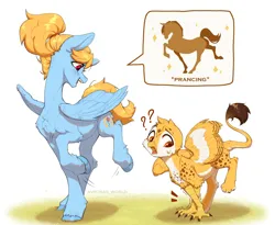 Size: 3900x3200 | Tagged: safe, artist:avroras_world, derpibooru import, oc, oc:beaky, oc:brave blossom, unofficial characters only, gryphon, horse, pegasus, pony, fanfic:yellow feathers, copying, derpibooru exclusive, duo, duo male and female, female, griffon oc, happy, high res, image, male, mother and child, mother and son, paws, pegasus oc, png, prancing, question mark, simple background, step-child, step-parent, step-parent and step-child, stepmother, stepmother and stepson, stepson, tail, wings, young