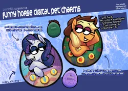 Size: 3000x2143 | Tagged: safe, artist:punkittdev, derpibooru import, applejack, rarity, earth pony, pony, unicorn, g4, advertisement, crossed hooves, duo, duo female, female, grin, high res, horn, image, jpeg, lidded eyes, mare, smiling, tamagotchi, text