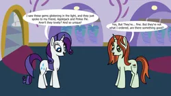 Size: 1920x1080 | Tagged: safe, artist:platinumdrop, derpibooru import, crackle cosette, queen chrysalis, rarity, pony, unicorn, g4, commission, dialogue, disguise, disguised changeling, female, horn, image, mare, png, smiling, speech bubble, standing, talking